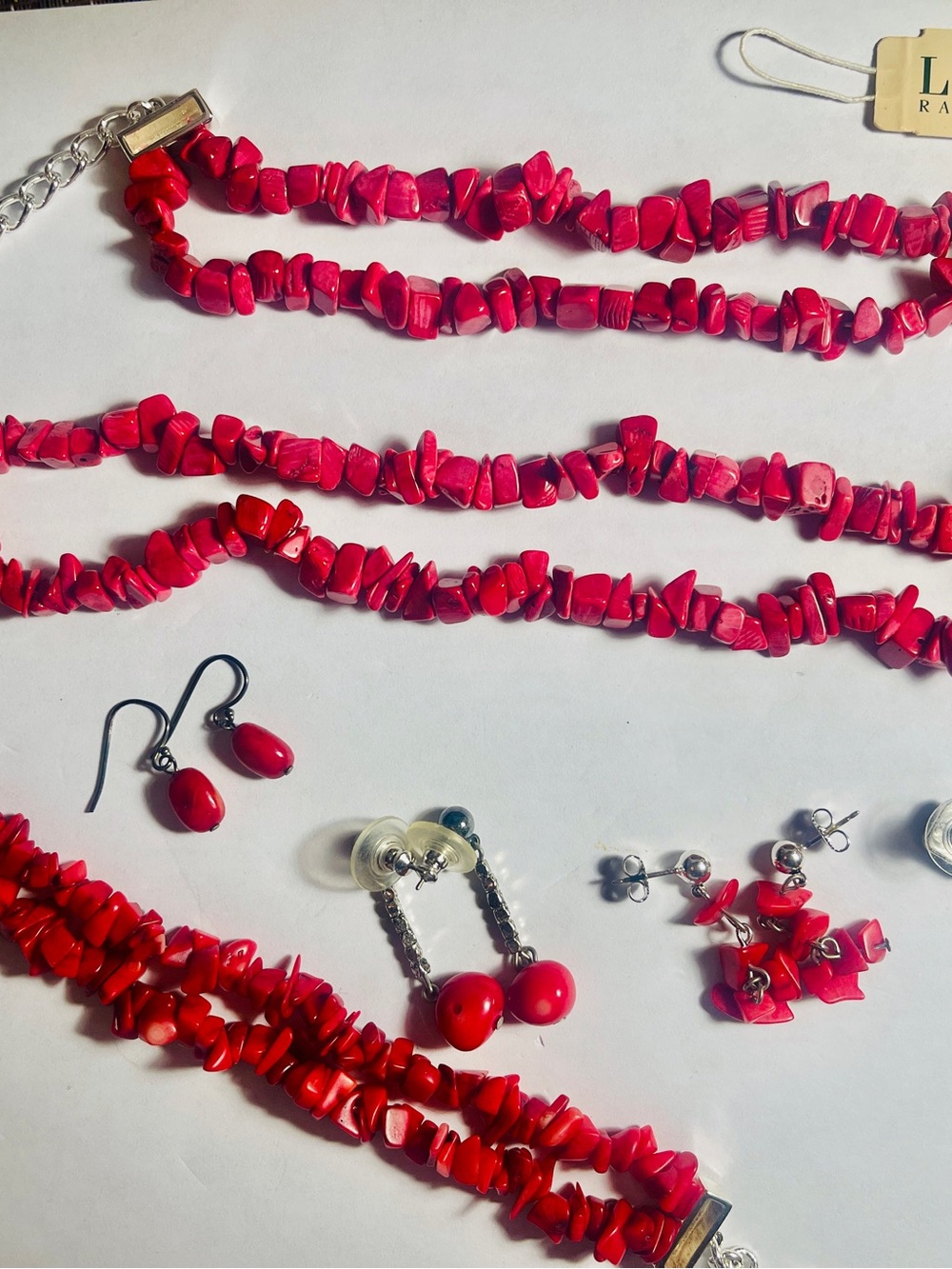 Lauren Ralph Lauren Red Chip-Bead Necklace, Bracelet, 4 pair Earrings